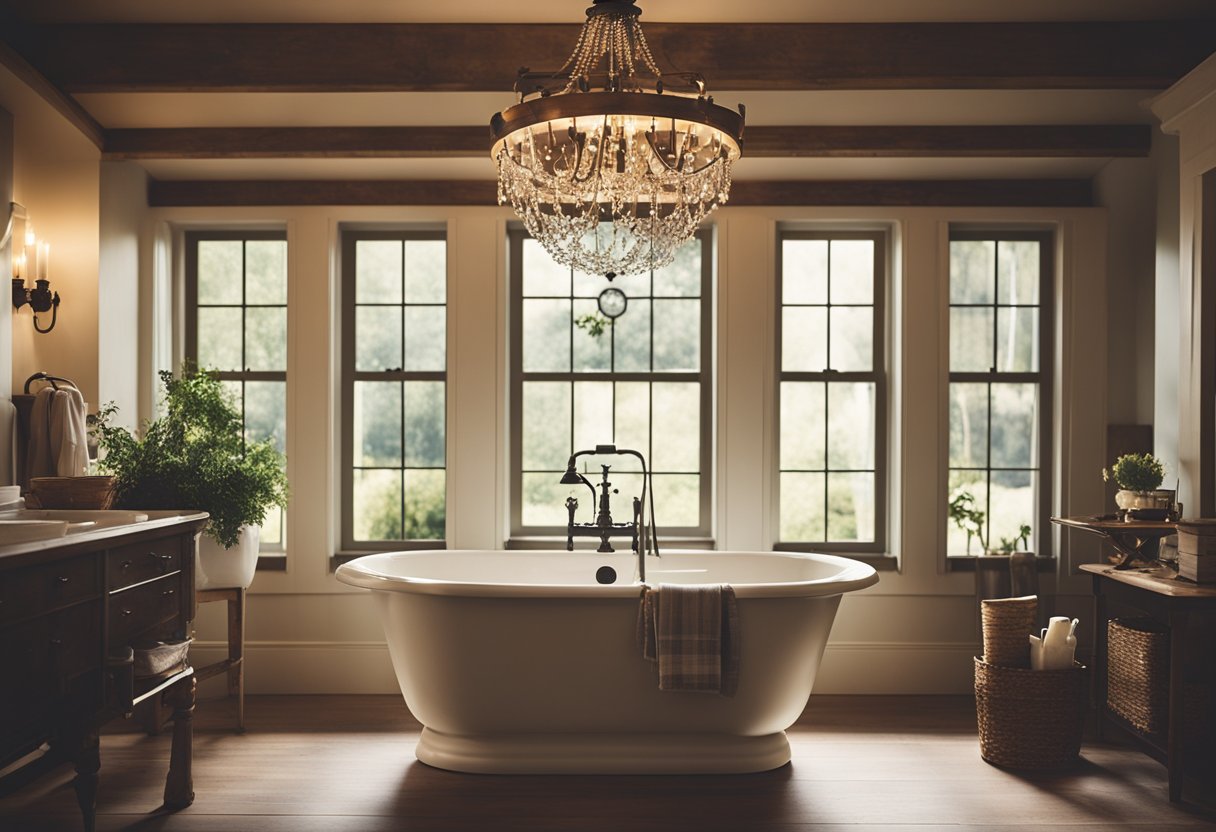 A cozy farmhouse bathroom with a rustic chandelier casting a warm glow over a clawfoot tub and vintage fixtures