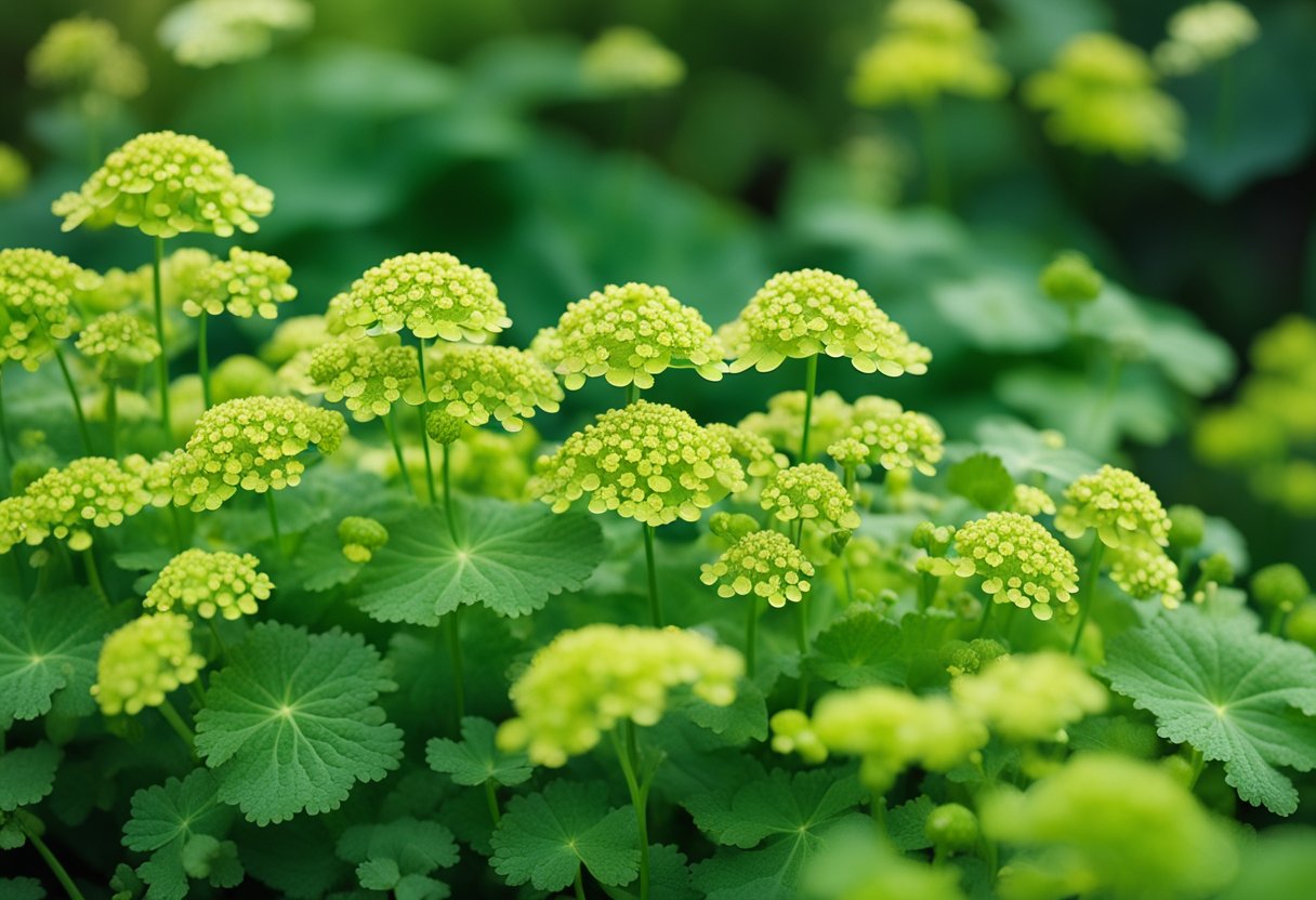 A lush garden border filled with vibrant Lady's Mantle plants in full bloom, creating a stunning and elegant display