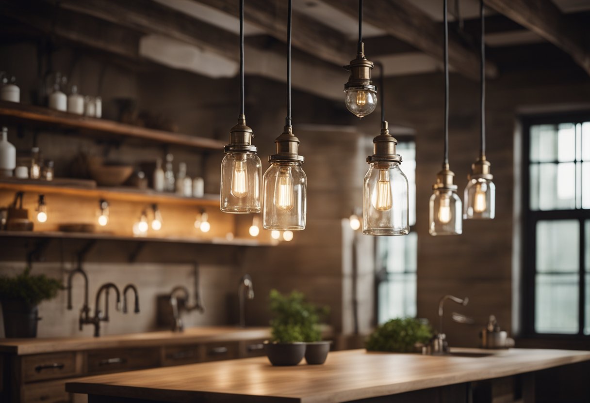 A rustic farmhouse bathroom with metal and glass pendant lights casting a cozy glow over the industrial decor