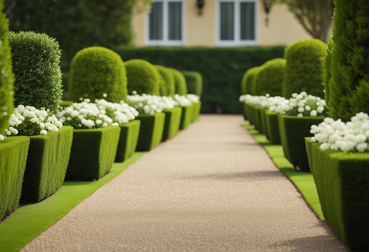 A row of boxwood shrubs lining a manicured garden path, with colorful flowers and greenery in the background