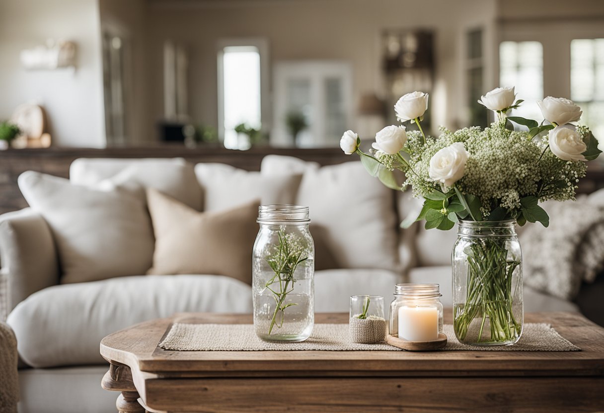 A cozy farmhouse living room with distressed wood furniture, a neutral color palette, a vintage rug, and fresh flowers in a mason jar centerpiece