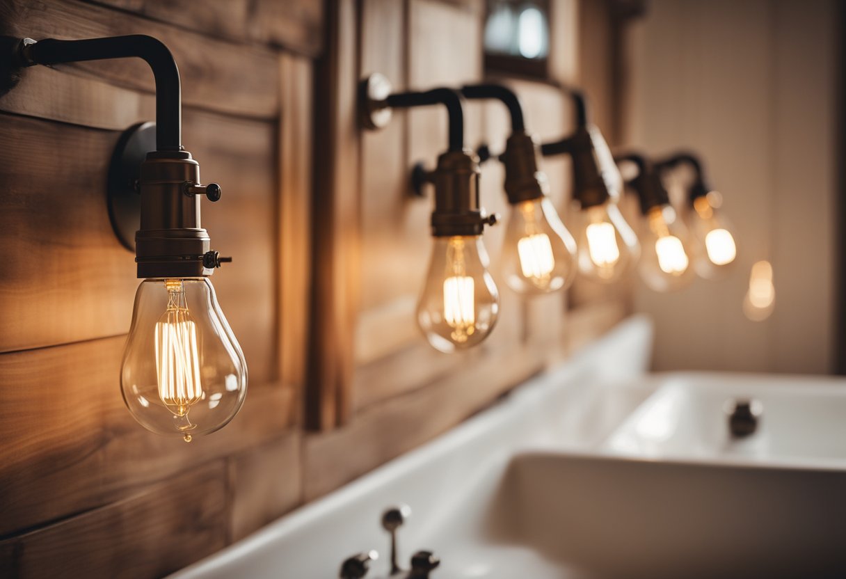A cozy farmhouse bathroom with vintage Edison bulb sconces casting a warm glow