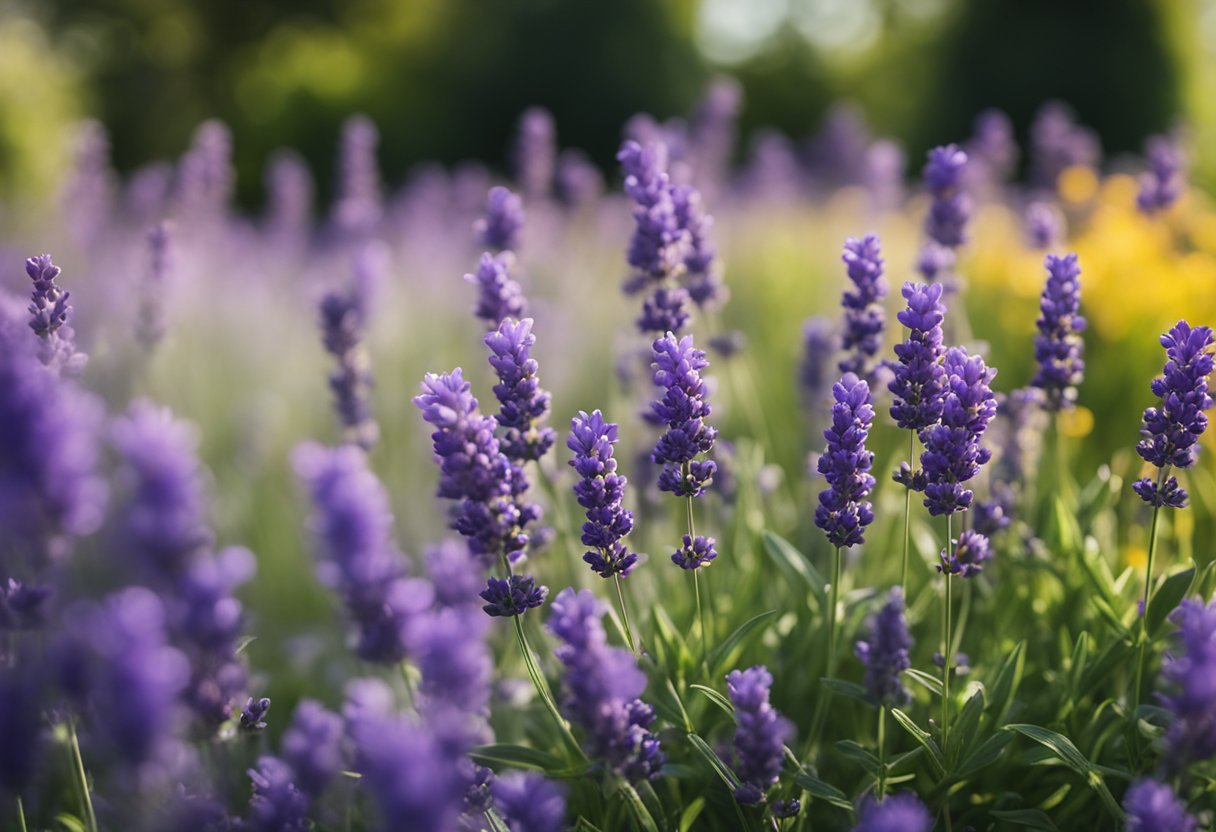 A lush garden border filled with vibrant lavender plants in full bloom, creating a beautiful and fragrant display