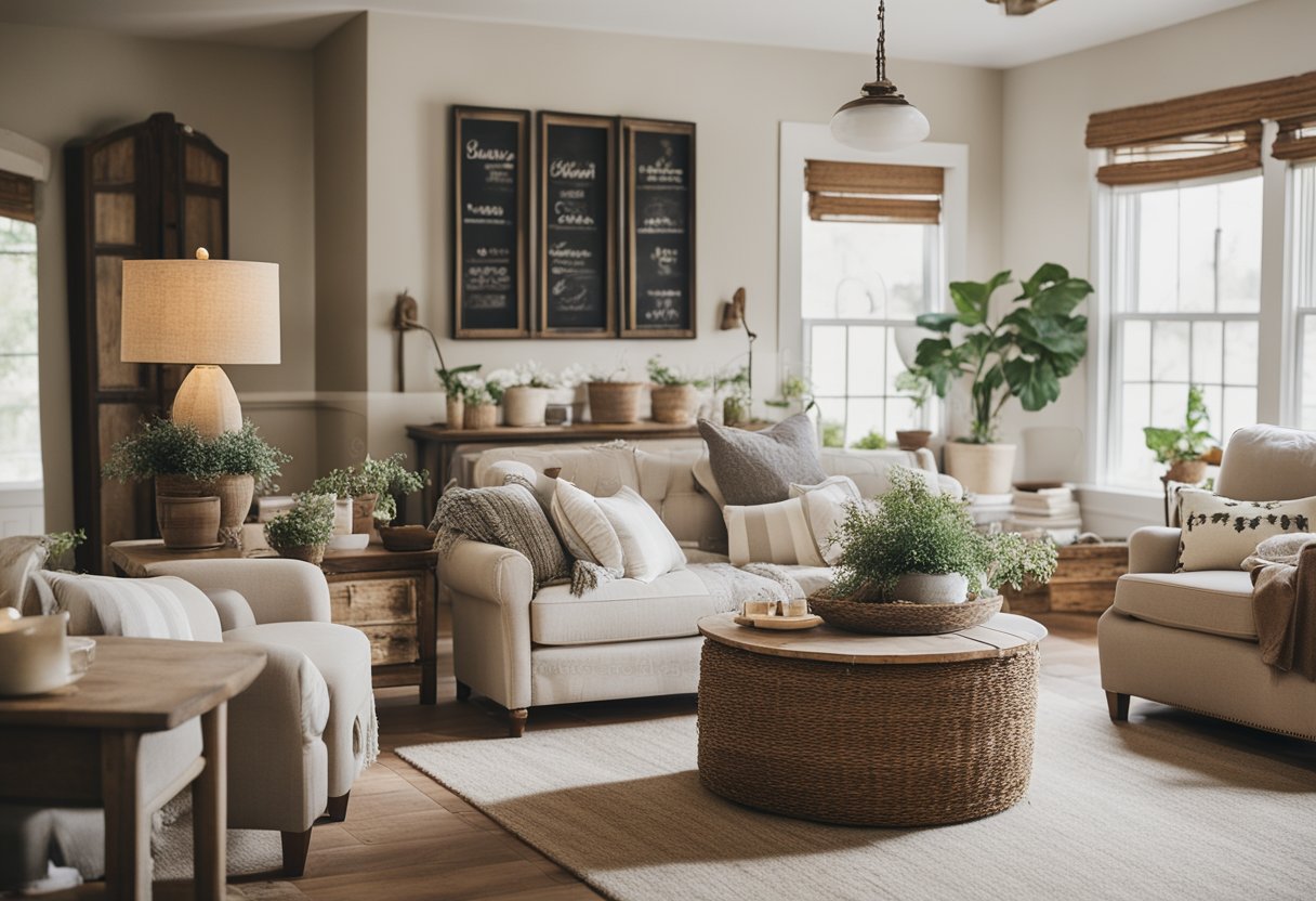 A cozy farmhouse interior with rustic furniture, neutral color palette, and vintage decor. A budget-friendly space with DIY touches and natural elements