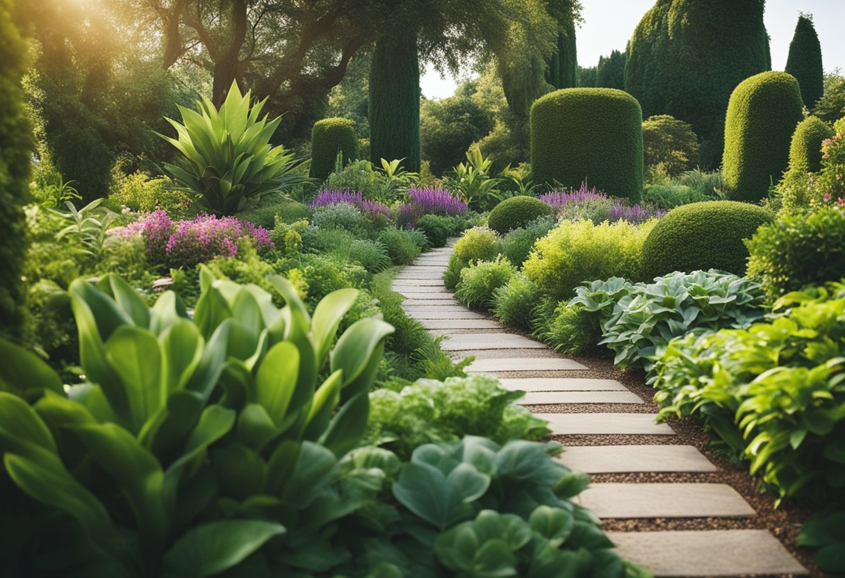 A lush garden with neatly arranged borders showcasing 10 different beautiful plants, creating a vibrant and inviting landscape
