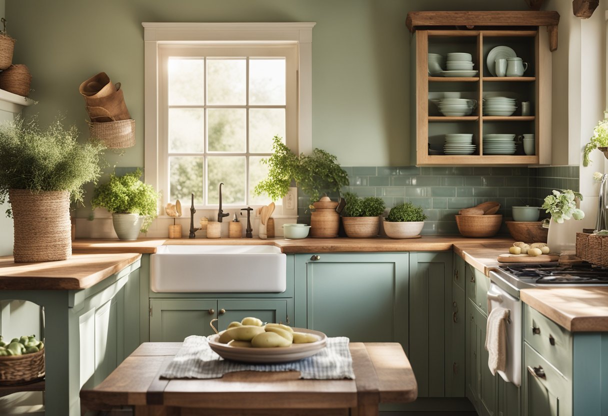 A cozy farmhouse kitchen with rustic wooden furniture, vintage decor, and a soft color palette of cream, sage green, and light blue. Sunlight streams in through the window, casting a warm glow over the scene