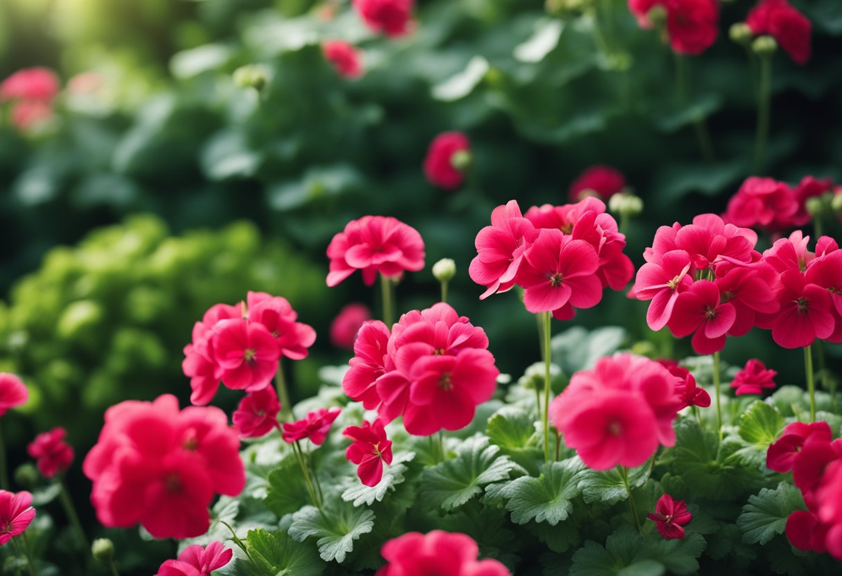 A lush garden border with vibrant geraniums in full bloom, adding a pop of color to the greenery