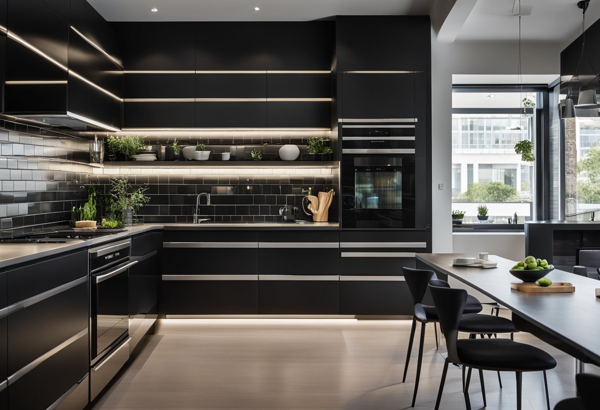 A modern luxury kitchen with sleek black subway tiles, stainless steel appliances, and minimalist design
