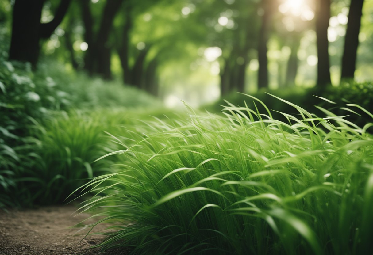 Lush Japanese forest grass borders a garden path, its delicate green blades swaying in the gentle breeze