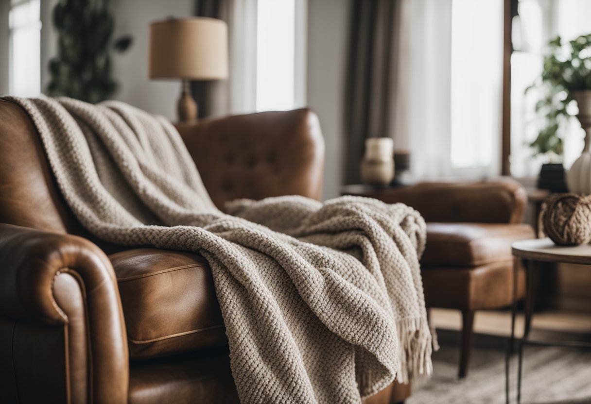 A cozy farmhouse living room with a mix of textured fabrics in neutral tones, including a knitted throw blanket, linen curtains, and a distressed leather armchair