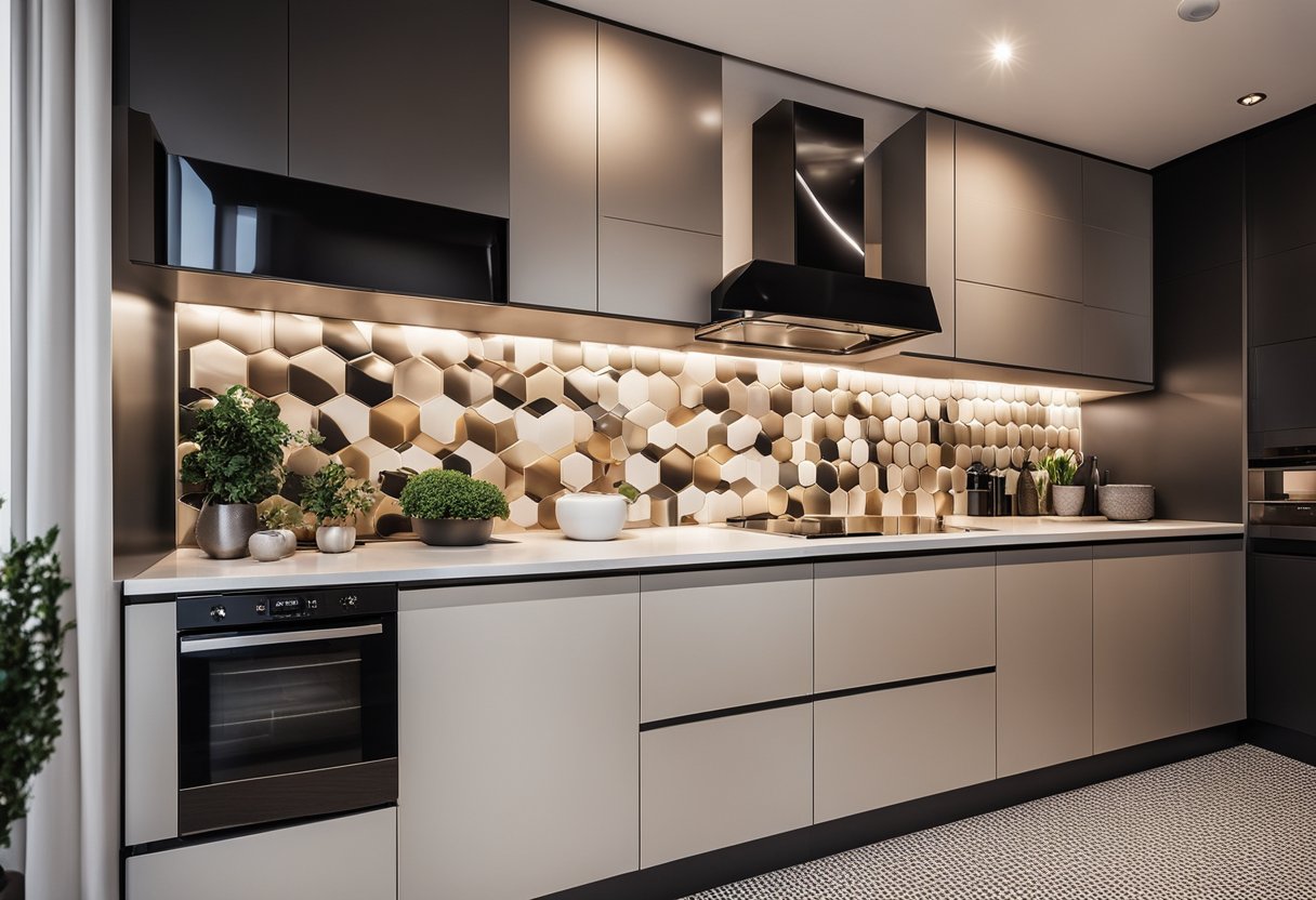 A modern kitchen with patterned hexagon tiles in luxurious materials, sleek appliances, and chic lighting