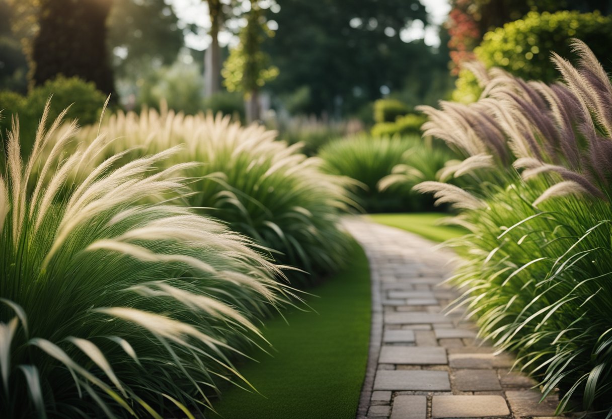 Lush fountain grass borders a manicured garden path, adding texture and color to the landscape