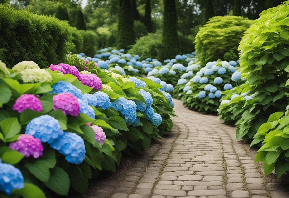 A vibrant border of hydrangeas lines a well-maintained garden path, adding a pop of color to the lush greenery