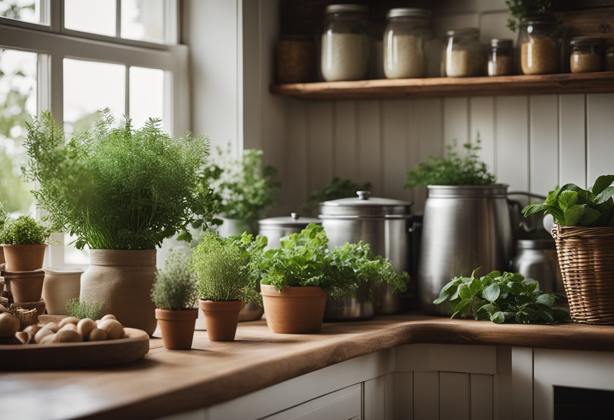 A cozy farmhouse kitchen with wooden furniture, potted herbs, vintage mason jars, woven baskets, and a large window showcasing a lush garden outside