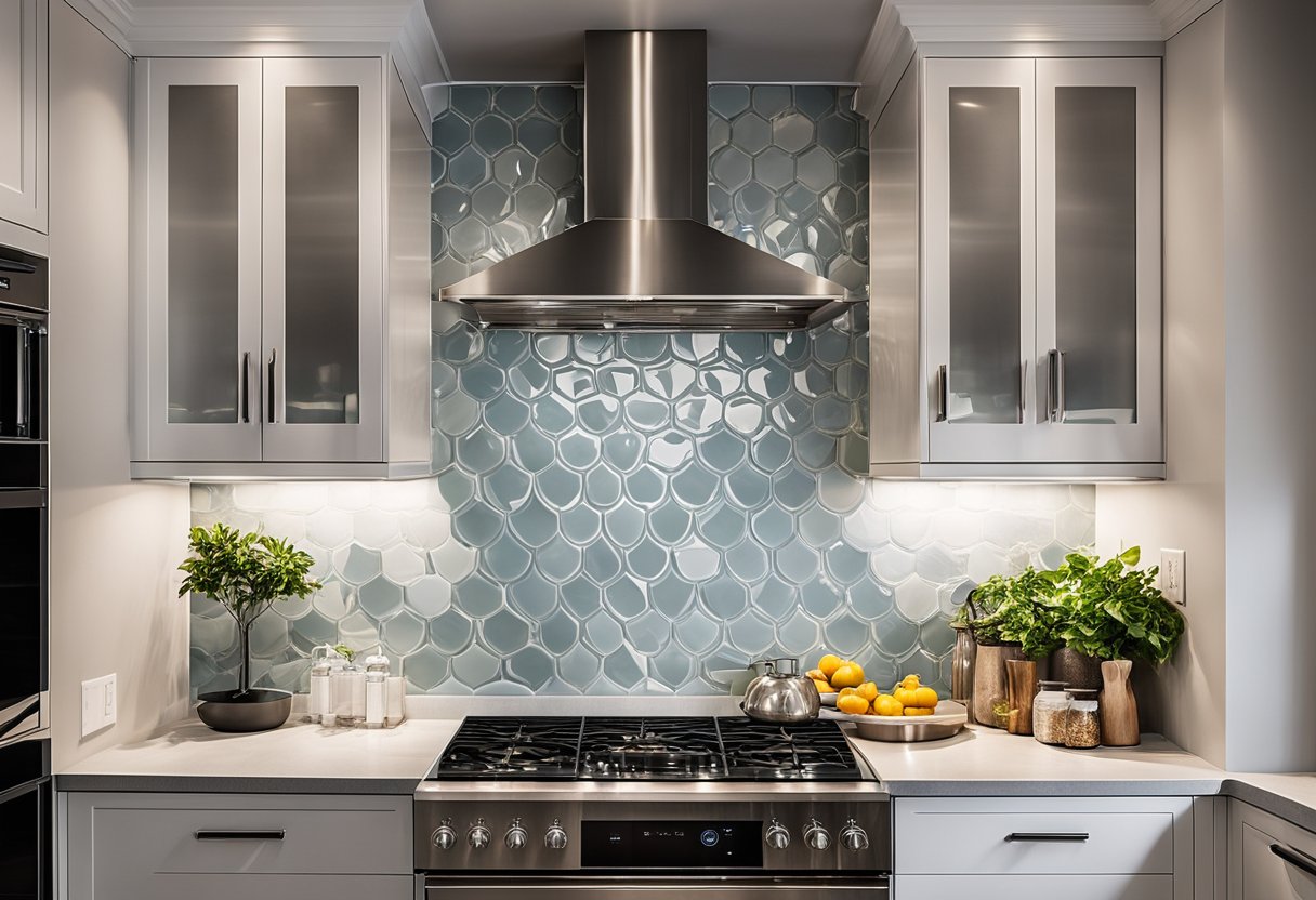 A modern kitchen with sleek, dimensional ceramic tile backsplash in luxurious, chic designs