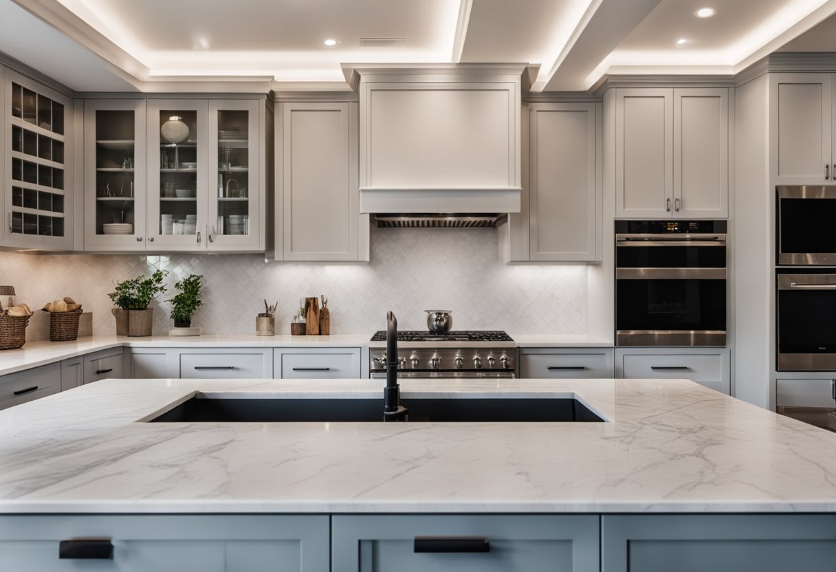 A luxurious kitchen with an elegant marble tile backsplash, sleek countertops, and modern appliances