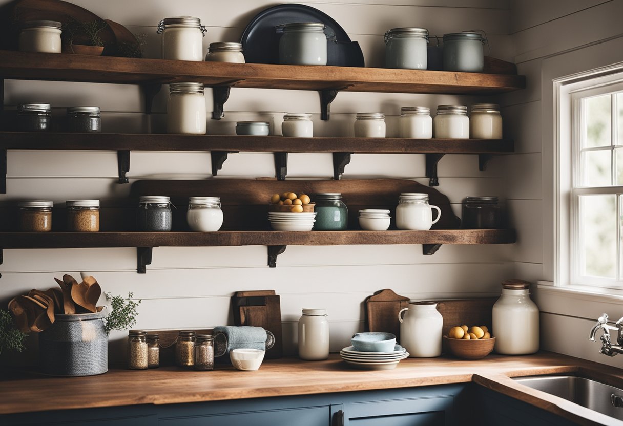 A cozy farmhouse kitchen with rustic wooden shelves, mason jar storage, vintage enamelware, and a DIY shiplap accent wall