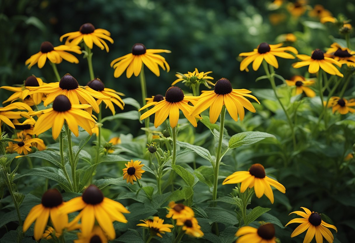 A lush garden border filled with vibrant Black-Eyed Susans in full bloom, creating a stunning display of color and beauty