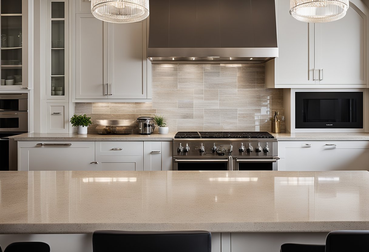 A sleek, modern kitchen with luxurious travertine tile backsplash and countertops. Elegant, neutral tones create a chic and sophisticated atmosphere