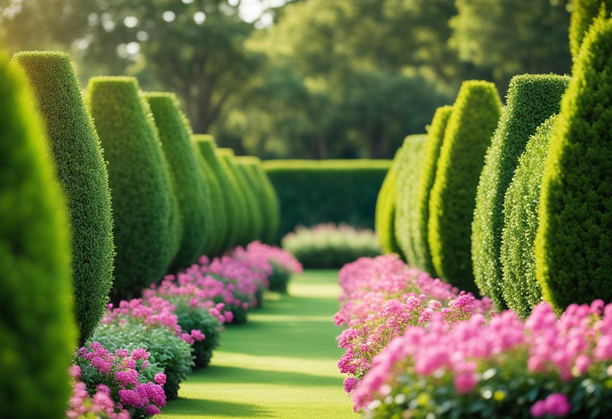 A row of Buxus microphylla plants lining a neatly manicured lawn, with colorful flowers and greenery in the background