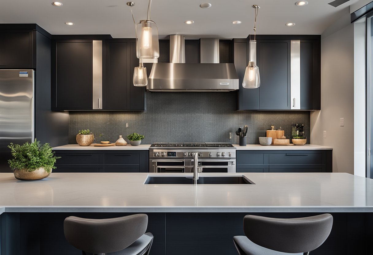 A sleek, modern kitchen with stone tile backsplash, stainless steel appliances, and minimalist design