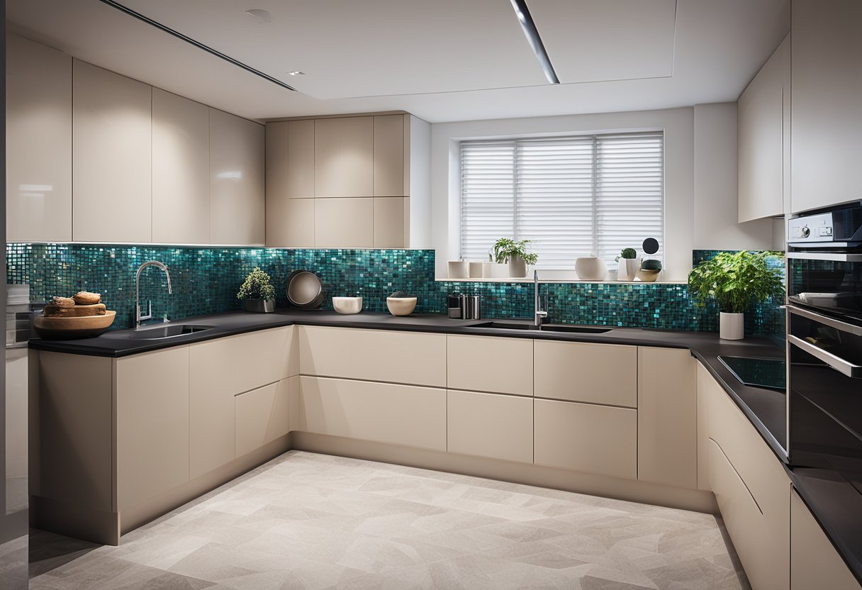 A sleek, modern kitchen with bold mosaic tile accents in a luxurious setting. The tiles create a chic and stylish look, adding a touch of elegance to the space