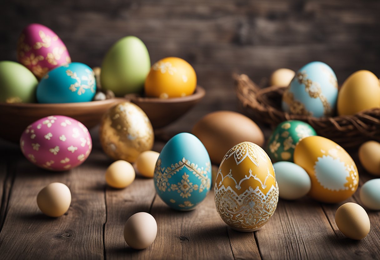 A table with 10 decorated Easter eggs, each showcasing a different creative design, surrounded by festive holiday decor