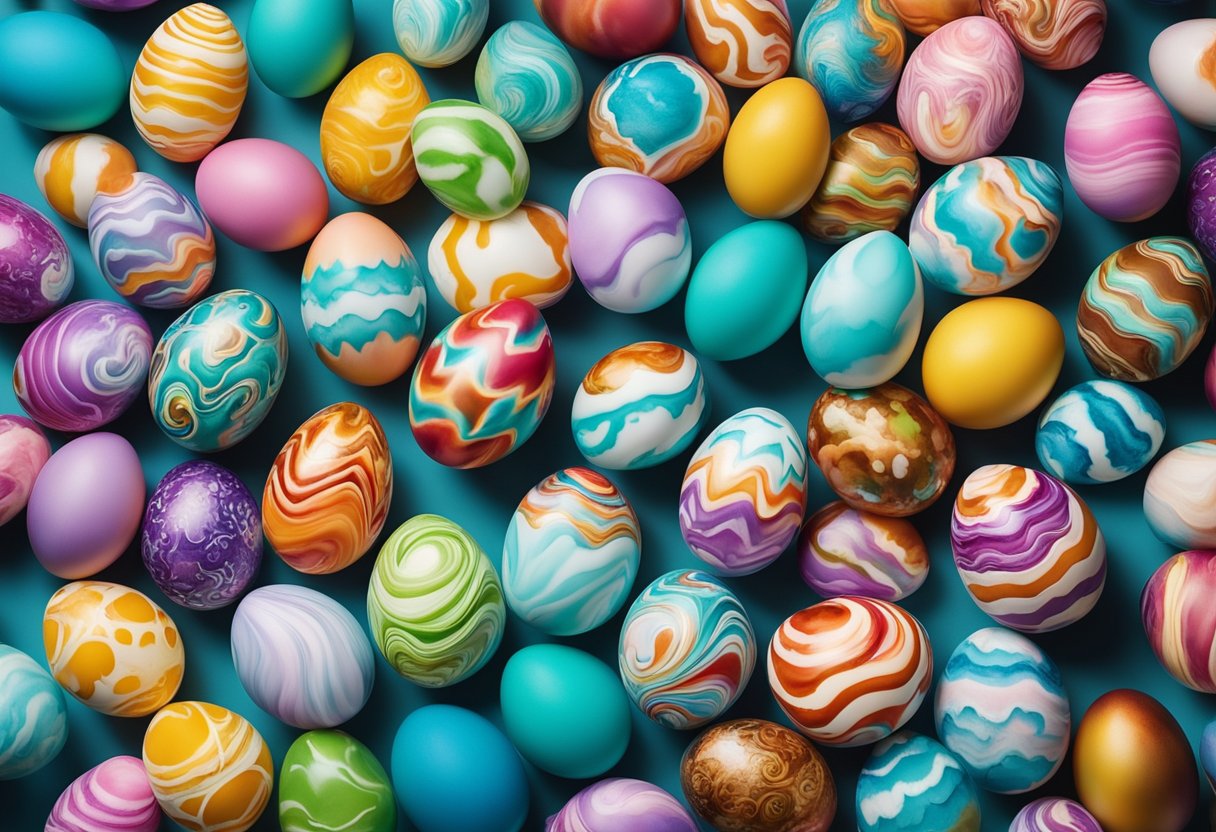 A colorful array of Easter eggs swirled with vibrant patterns created using shaving cream and food coloring, resembling marbled magic