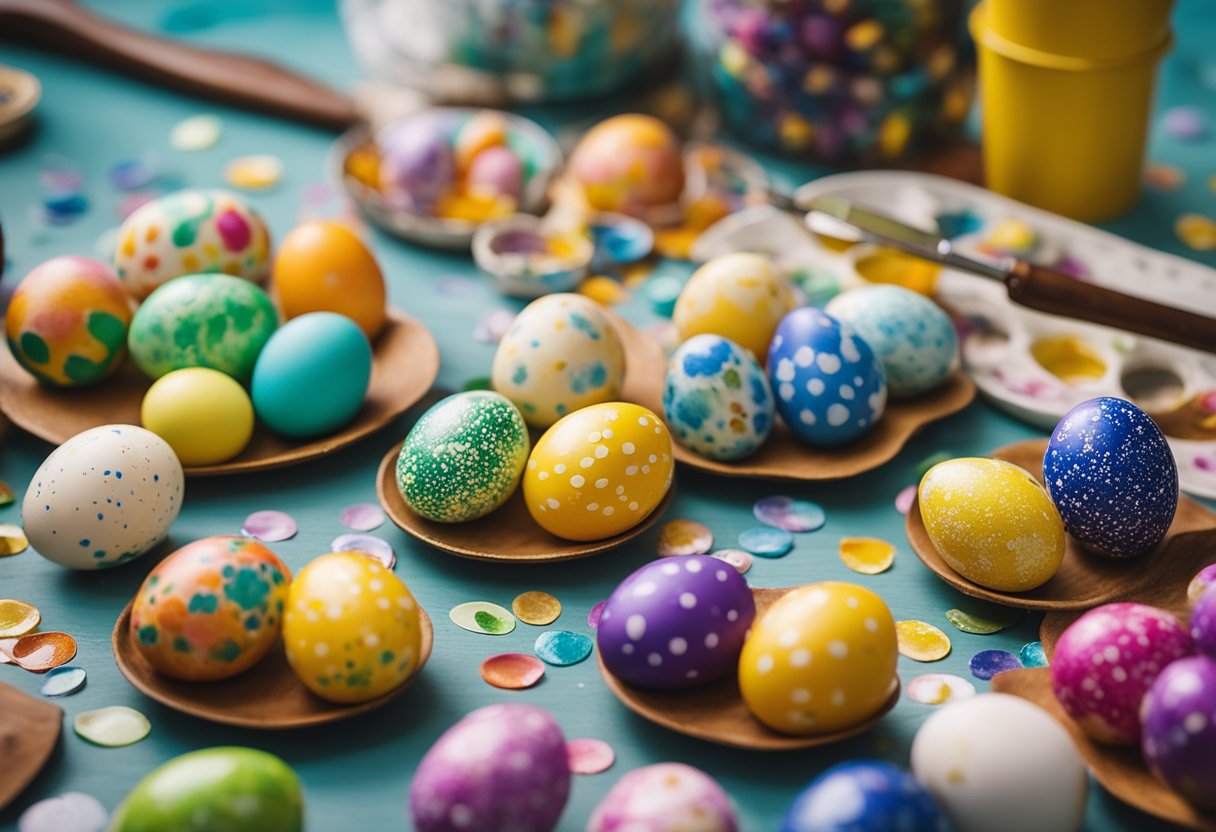 A table covered in speckled and painted Easter eggs, surrounded by colorful paint palettes and brushes