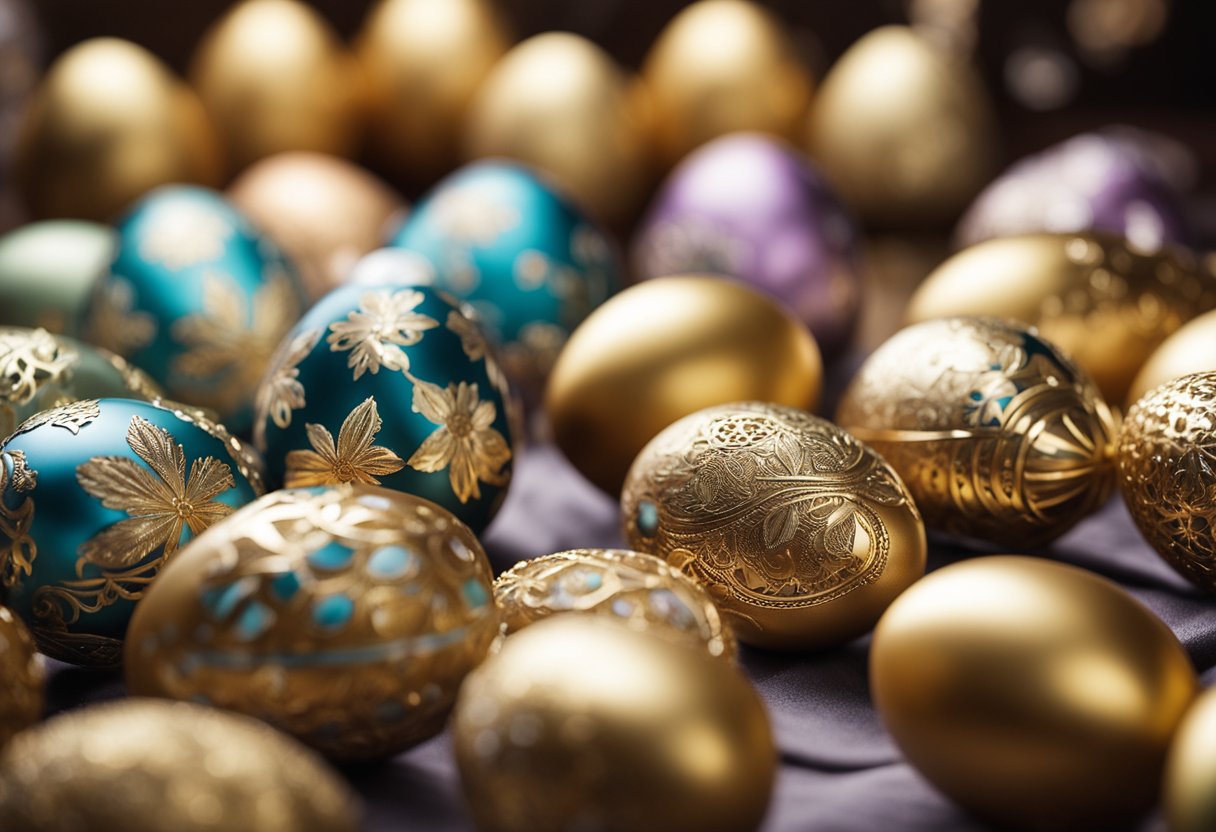 A collection of metallic Easter eggs adorned with intricate gold leaf designs, arranged on a festive holiday table