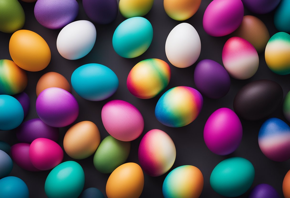 A dozen eggs arranged in a circle, each dyed in a different color, creating a vibrant ombre blend from light to dark, perfect for a festive Easter display