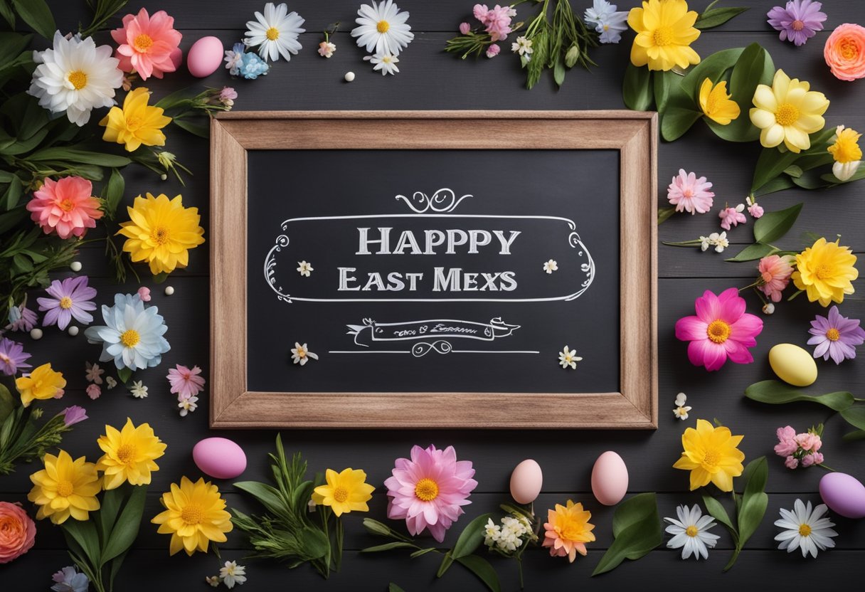 A chalkboard covered in colorful blooms and Easter egg designs, showcasing 10 creative decorating ideas for the holiday