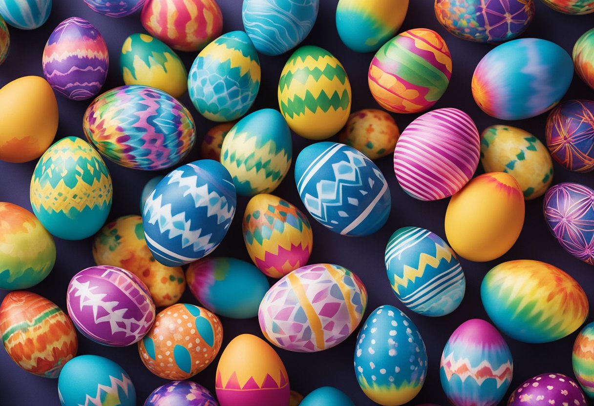 Rubber bands wrap around eggs in various tie-dye patterns. Bright colors and festive designs create a playful Easter egg decorating scene