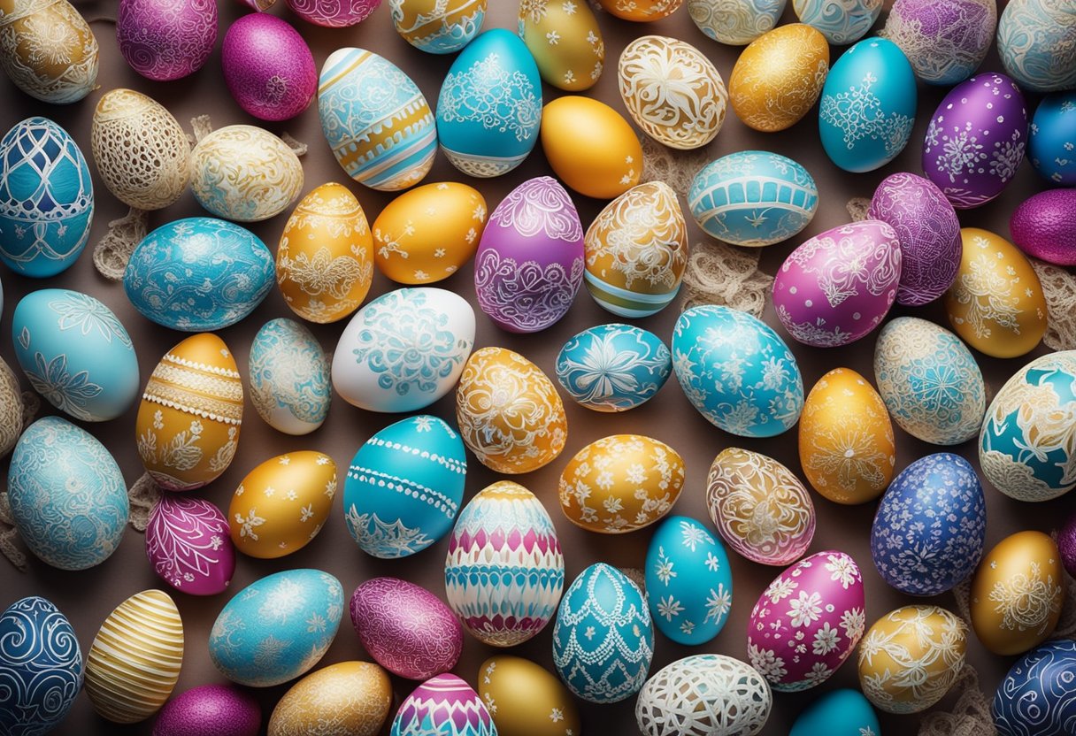 A collection of Easter eggs adorned with intricate lace overlay designs, surrounded by colorful decorative elements and festive embellishments