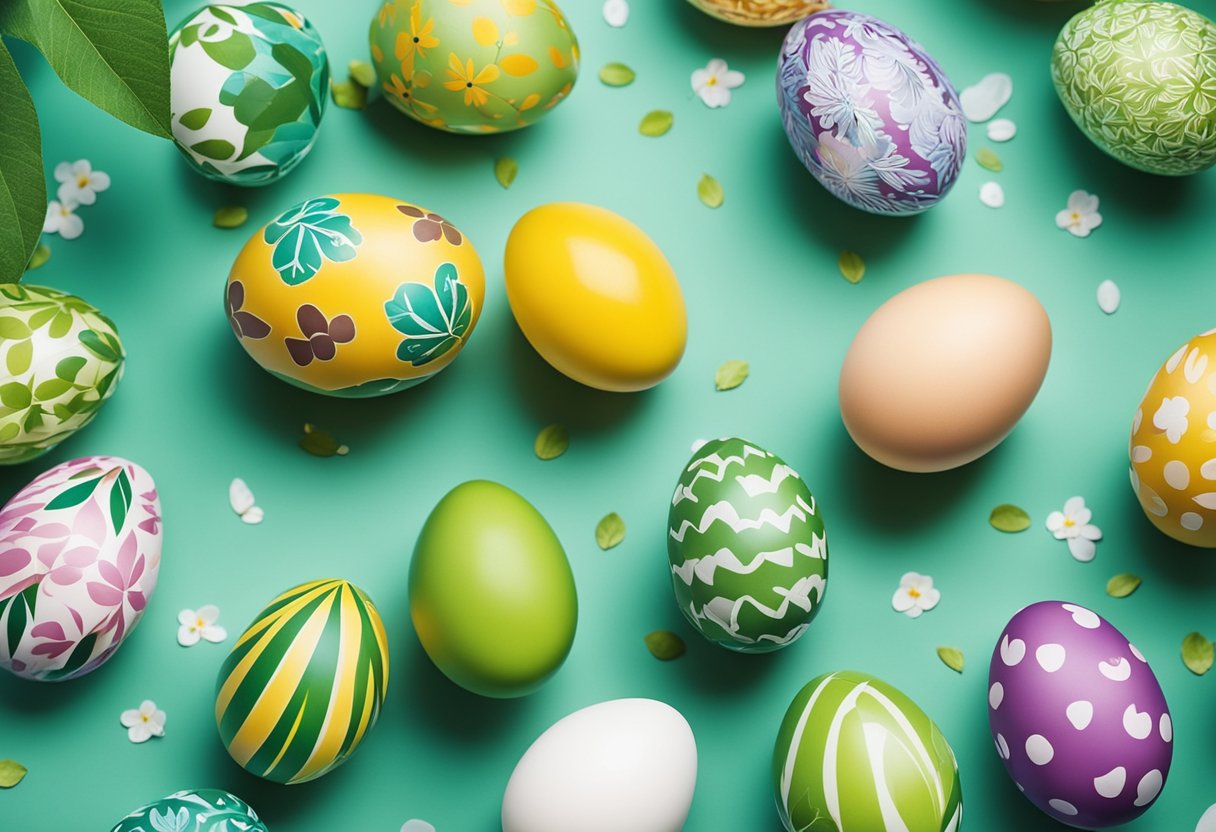 A table covered in colorful Easter eggs, each decorated with unique leaf prints and nature-inspired designs