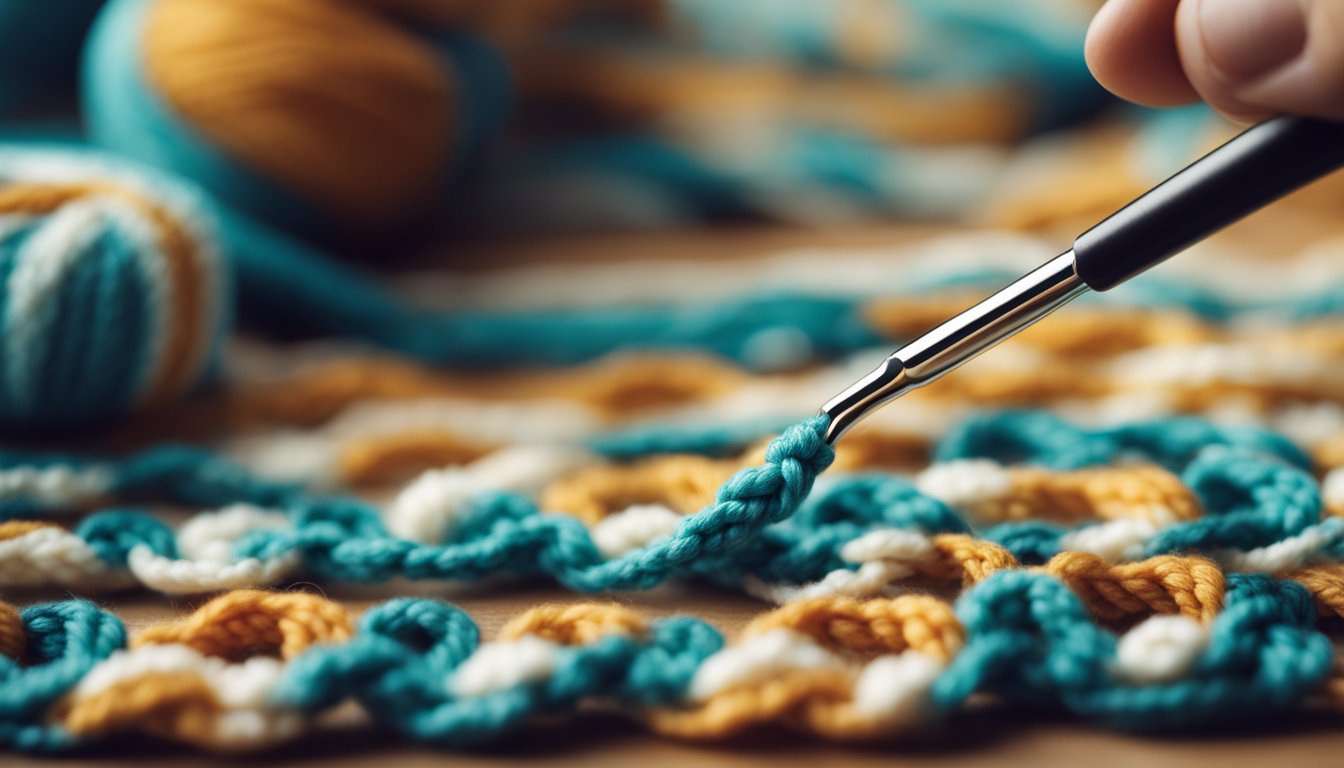 A crochet hook pulling yarn through loops, forming the shape of a sock
