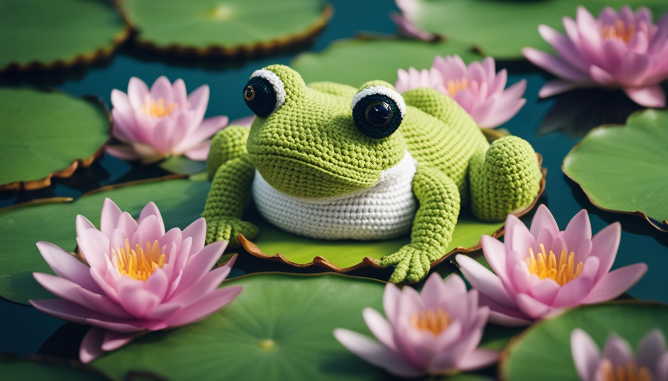 A crocheted frog sitting on a lily pad surrounded by water lilies and reeds