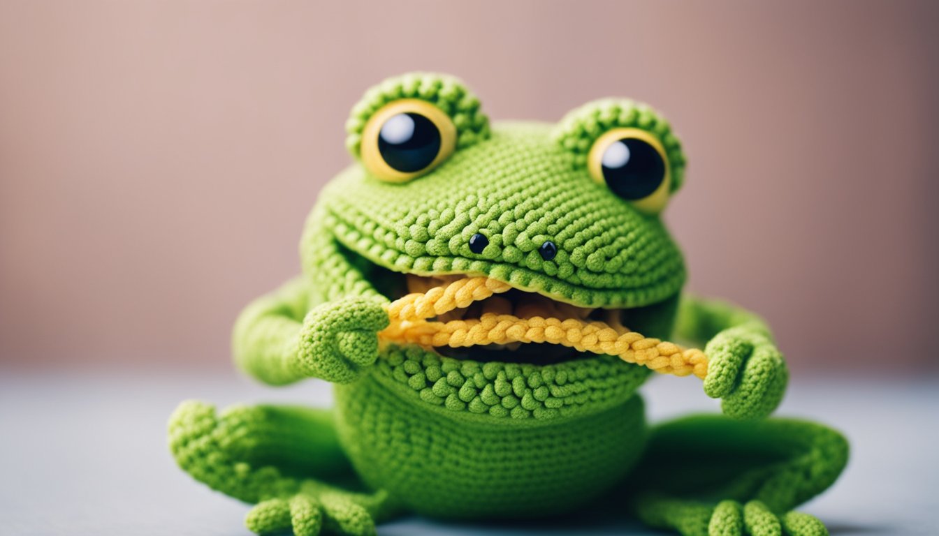 A frog unraveling a crocheted piece with its mouth