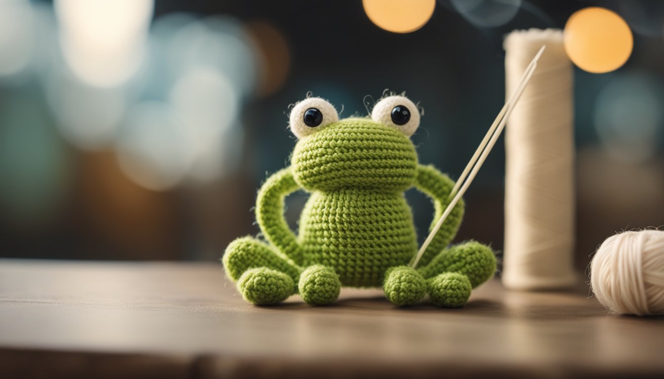 A needle and yarn create a frog-shaped crochet piece, while a diagram of crochet stitches hangs on the wall for reference