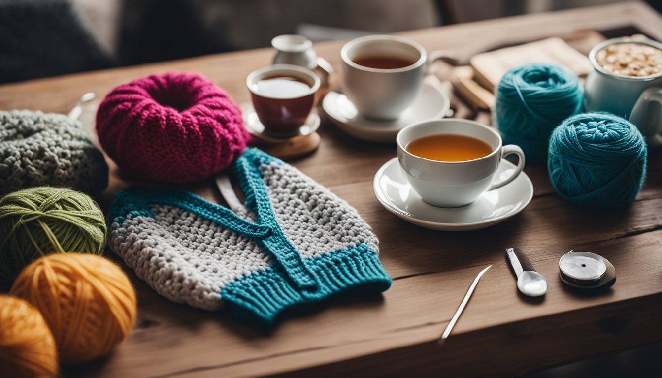 A cozy dog sweater being crocheted with colorful yarn and crochet hook on a wooden table surrounded by crochet patterns and a cup of tea