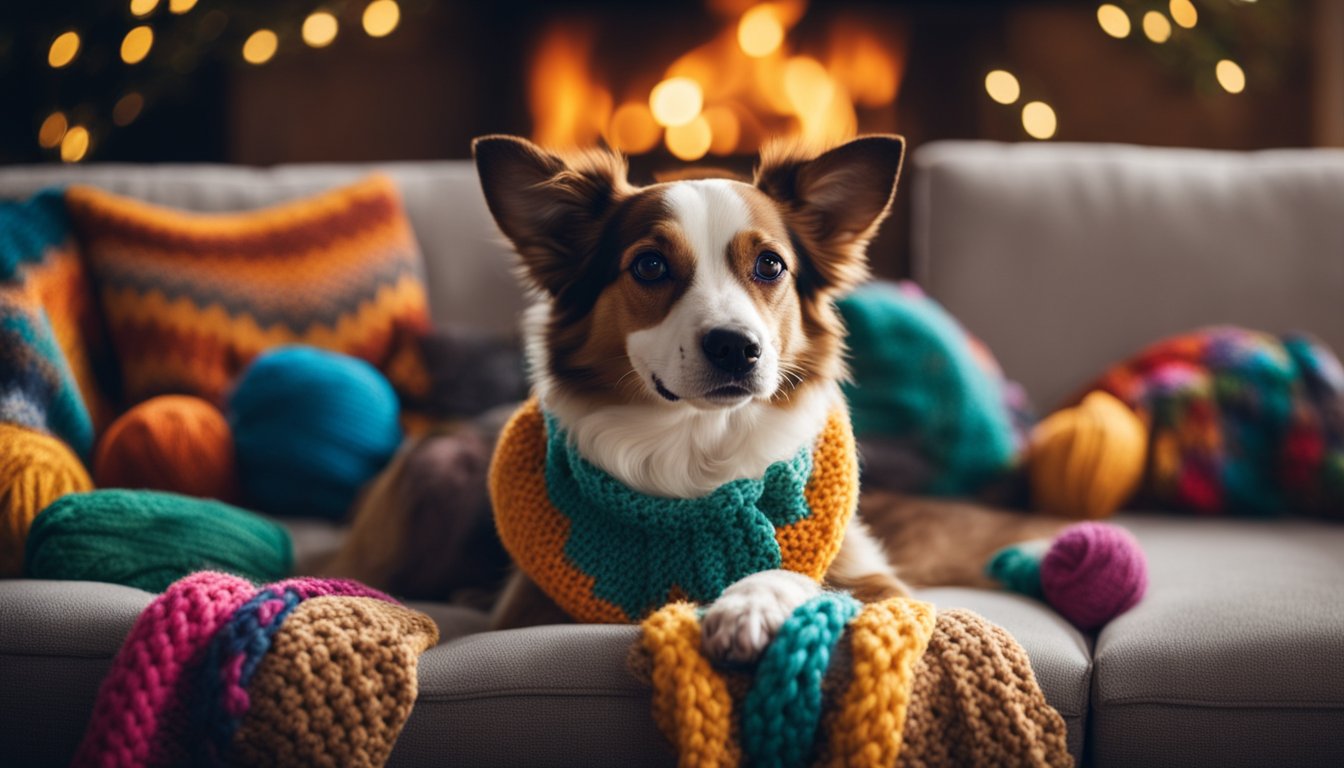 A dog sweater being crocheted with colorful yarn on a cozy couch by a crackling fireplace