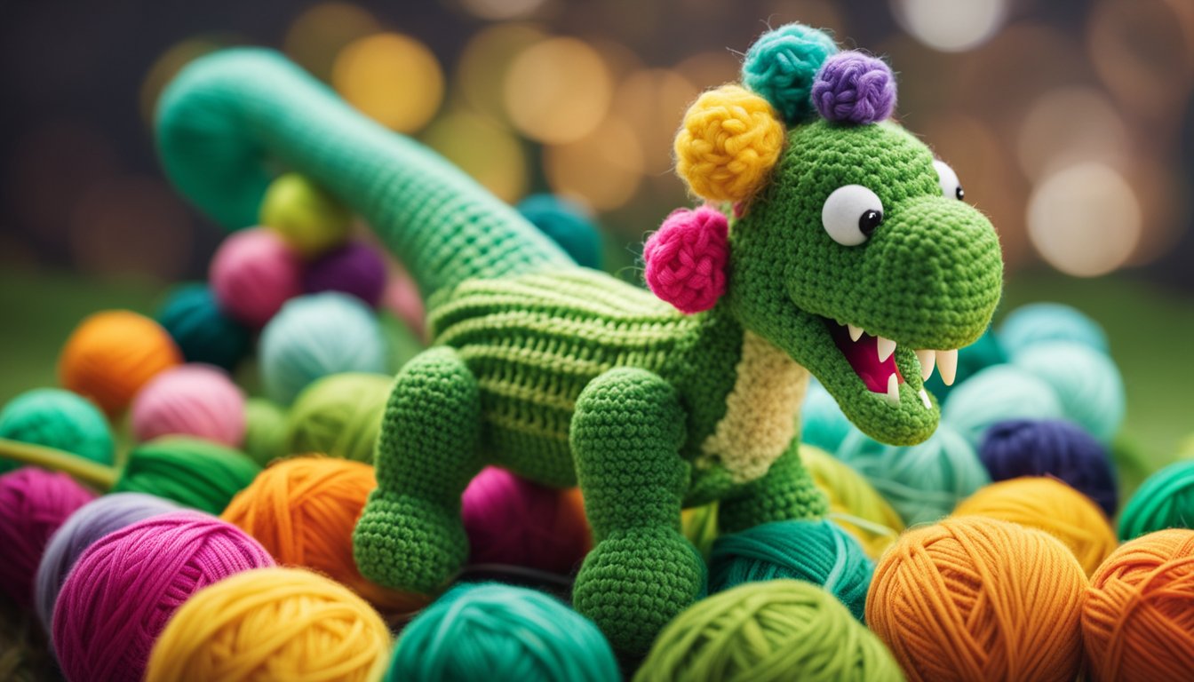 A crochet hook and yarn create a green dinosaur with a long tail and sharp teeth, surrounded by colorful balls of yarn