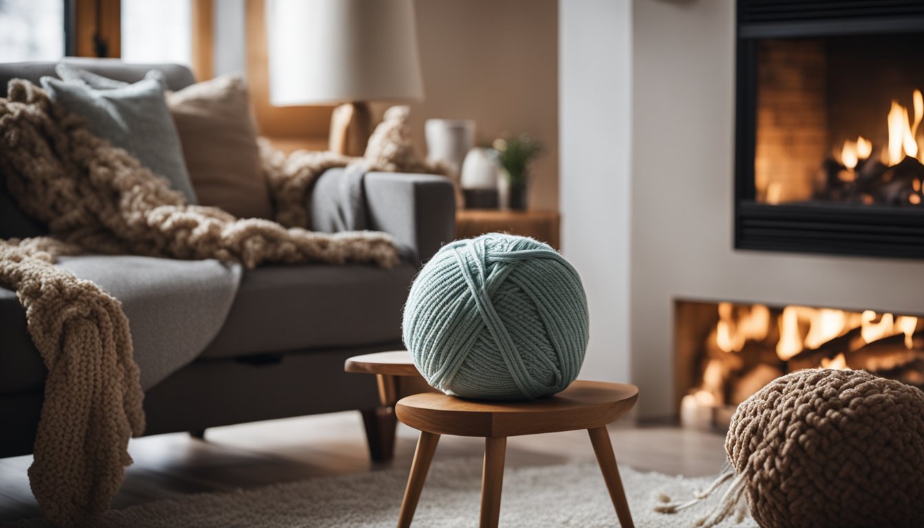A cozy living room with a large ball of yarn, a crochet hook, and a comfortable armchair by a fireplace
