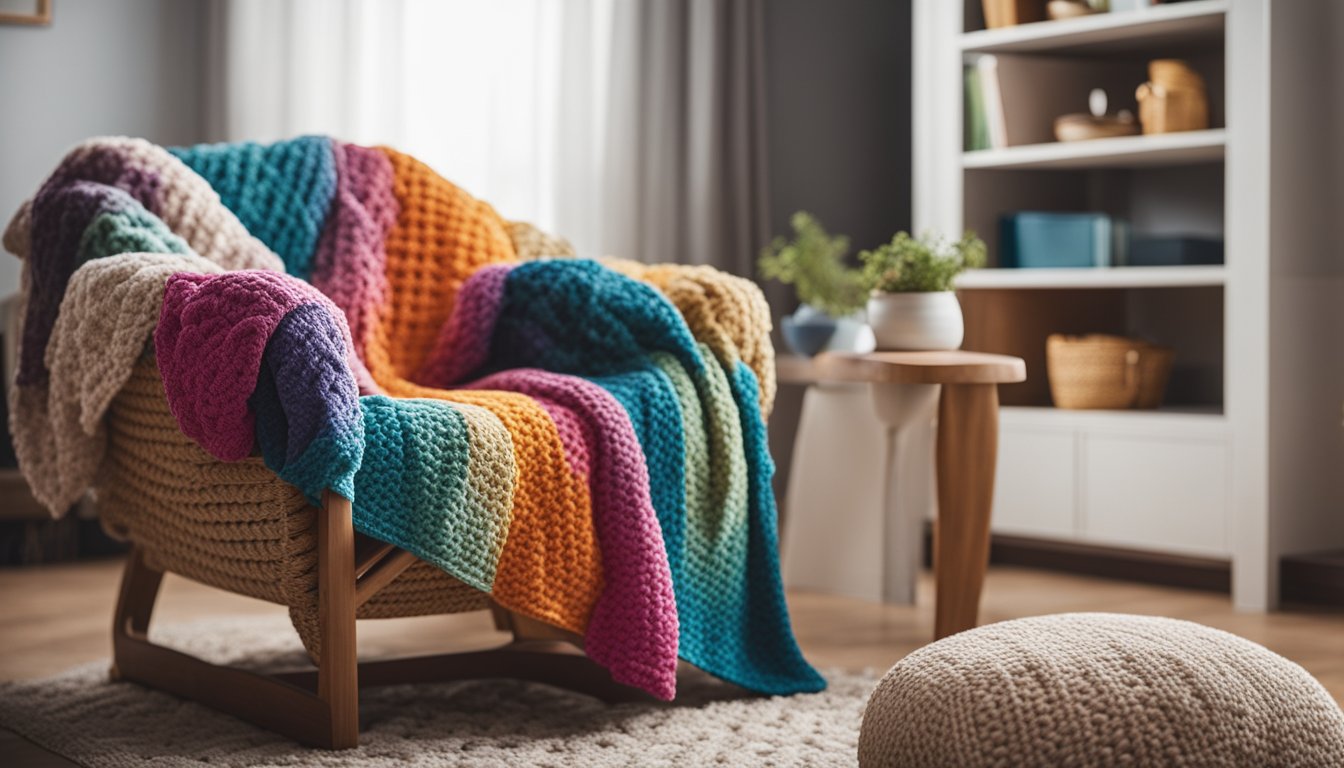A cozy living room with a comfortable armchair and a basket of colorful yarn, with a large hand-crocheted blanket draped over the back of the chair