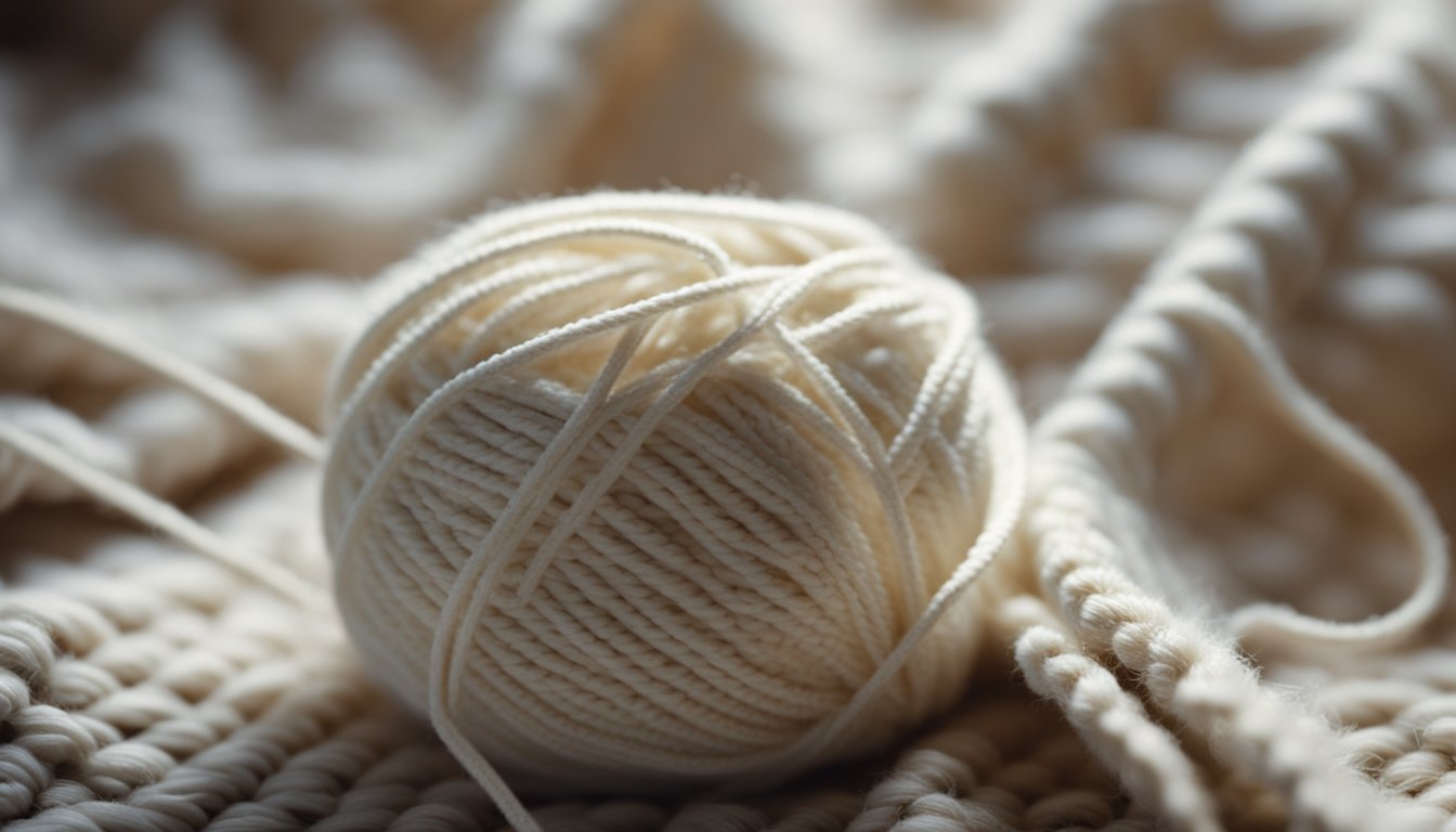 A skein of yarn unravels as a crochet hook pulls a loop through a growing blanket