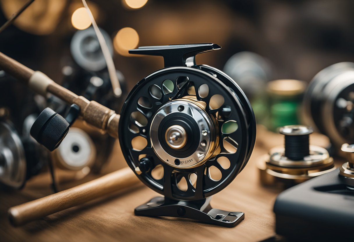 A large arbor fly fishing reel being set up and maintained for use