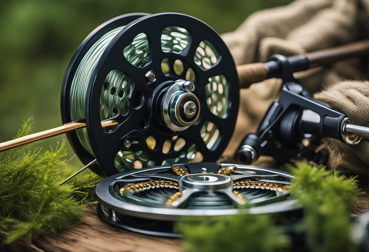 A fly fishing reel being set up with advanced features, next to a maintenance kit and a large arbor reel