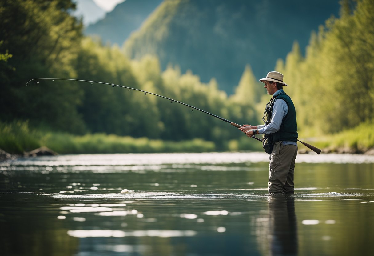 A fisherman casting a lightweight fly rod into a flowing river, with the rod's length and action clearly visible
