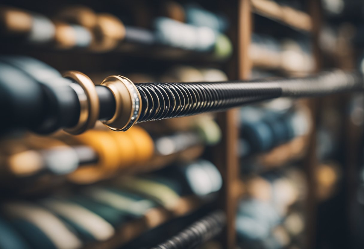 A fly rod being carefully selected from a rack, with various other rods in the background