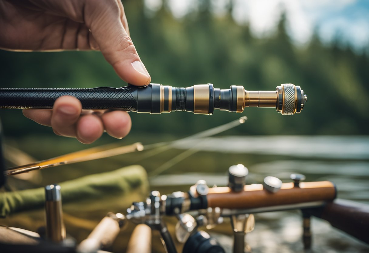 A fly fishing rod being carefully cleaned and maintained, with various types of rods displayed for comparison